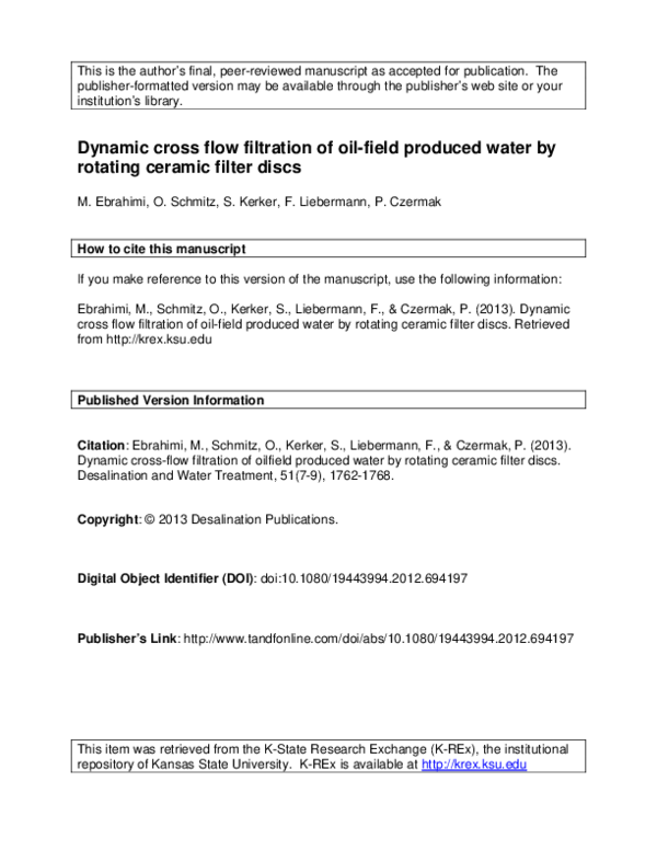 (PDF) Dynamic cross-flow filtration of oilfield produced water by ...