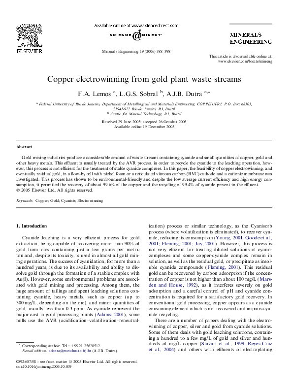 (PDF) Copper electrowinning from gold plant waste streams