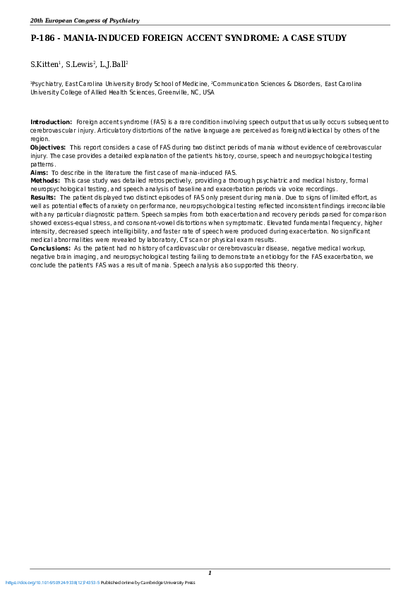 (PDF) P-186 - Mania-induced foreign accent syndrome: a case study