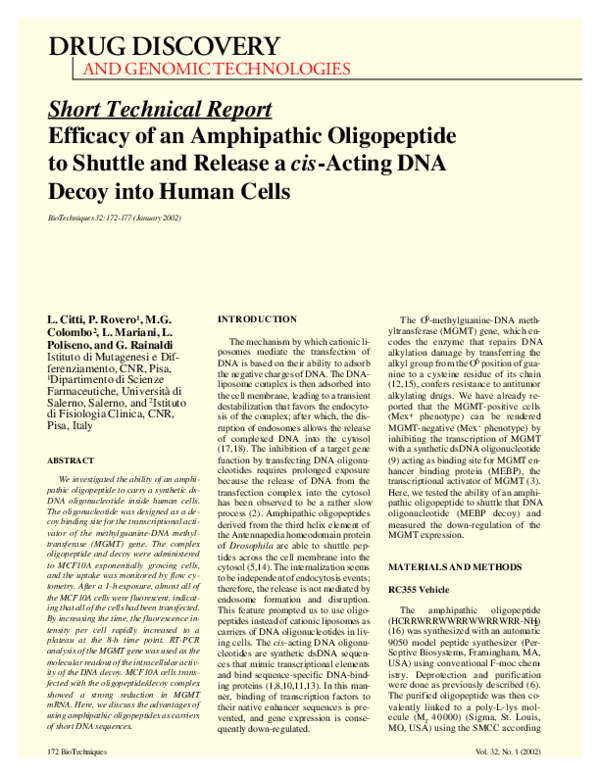 Efficacy of an Amphipathic Oligopeptide to Shuttle and Release a cis-Acting DNA Decoy into Human Cells
