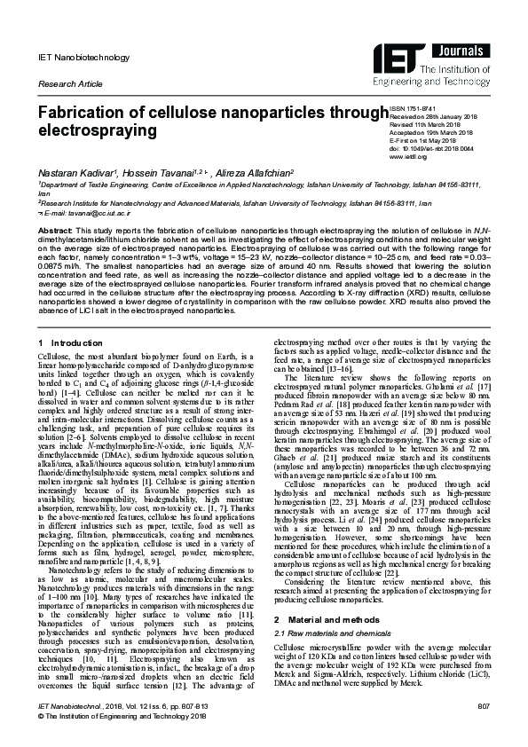 (PDF) Fabrication of cellulose nanoparticles through electrospraying