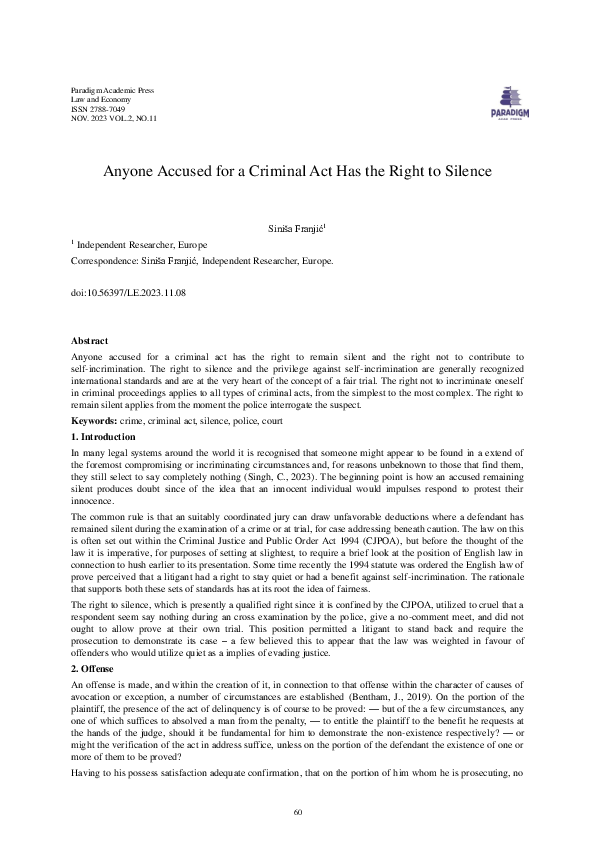 (PDF) Anyone Accused for a Criminal Act Has the Right to Silence