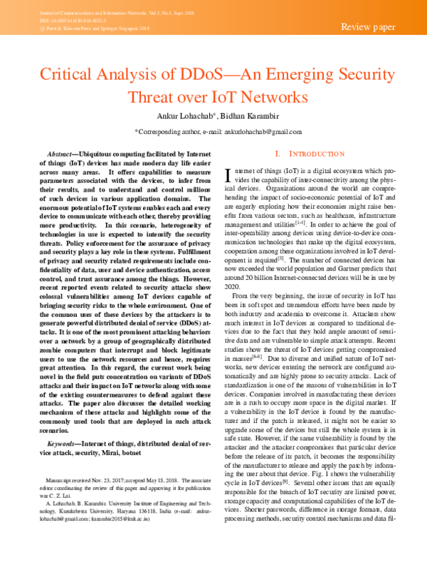(PDF) Critical Analysis of DDoS—An Emerging Security Threat over IoT ...