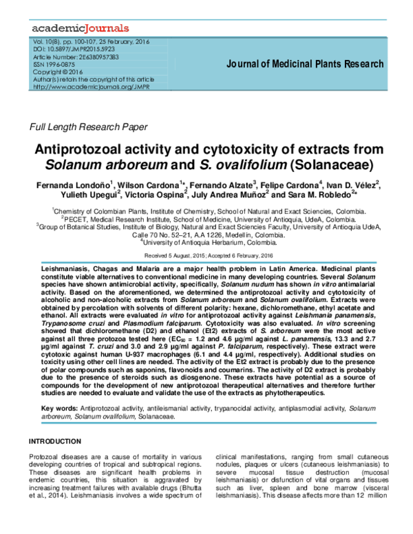 (PDF) Antiprotozoal activity and cytotoxicity of extracts from Solanum ...