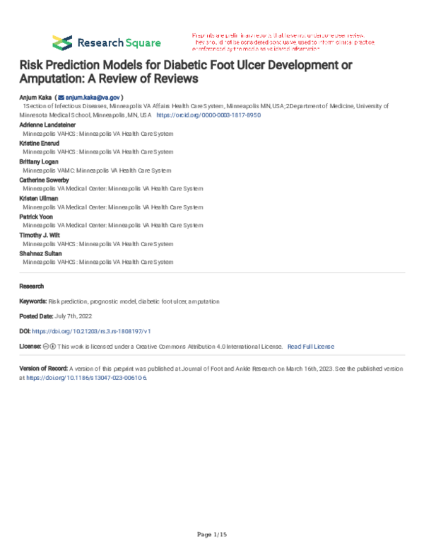 (PDF) Risk Prediction Models for Diabetic Foot Ulcer Development or ...