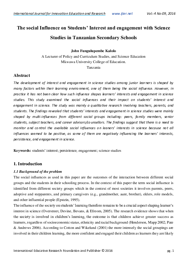(PDF) social Influence on Students’ Interest and engagement with ...