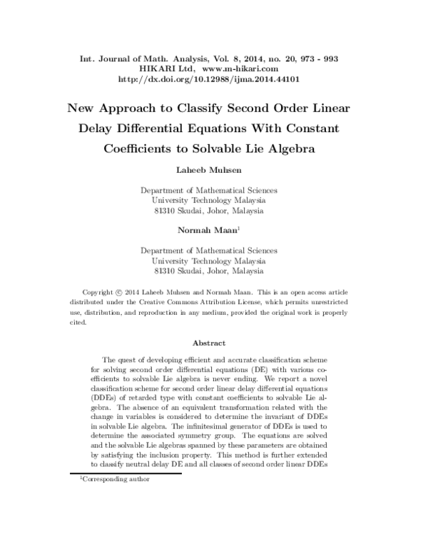 (PDF) New approach to classify second order linear delay differential ...