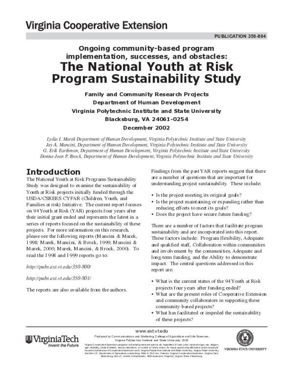 (PDF) The National Youth At Risk Program Sustainability Study