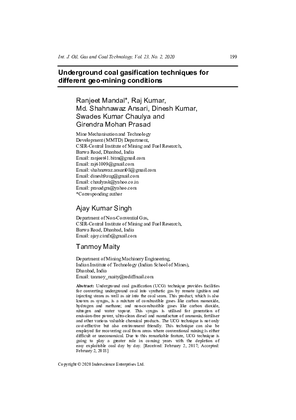 (PDF) Underground coal gasification techniques for different geo-mining ...