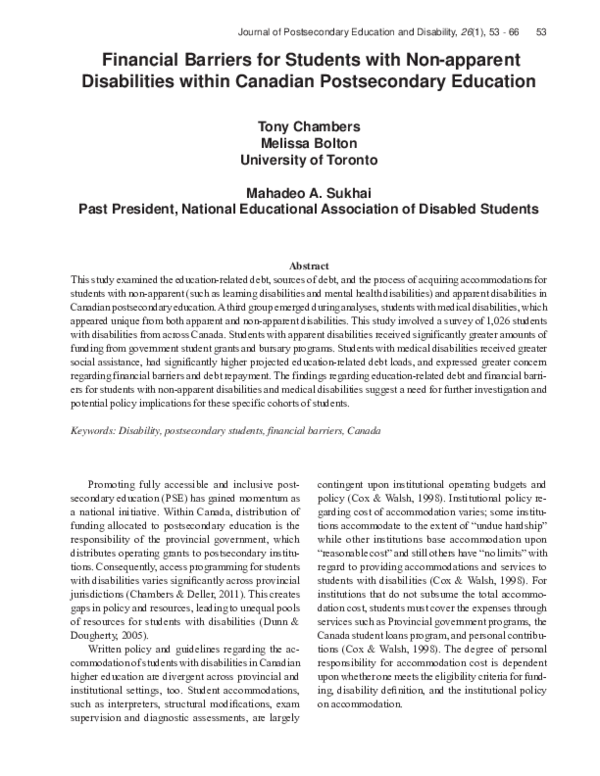 (PDF) Financial Barriers for Students with Non-Apparent Disabilities ...