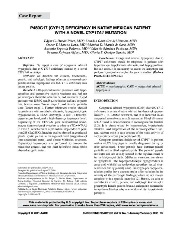 (PDF) P450C17 (CYP17) Deficiency in Native Mexican Patient with a Novel ...
