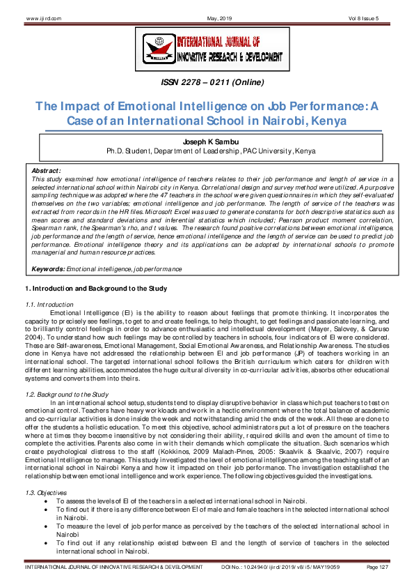 (PDF) The Impact of Emotional Intelligence on Job Performance: A Case ...