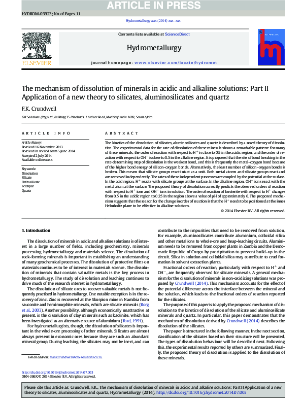 (PDF) The mechanism of dissolution of minerals in acidic and alkaline ...