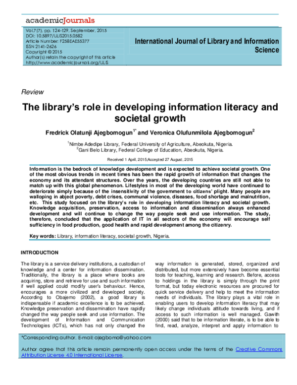 (PDF) The librarys role in developing information literacy and societal ...