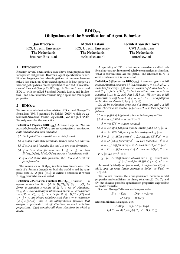 (PDF) BDIO CTL: Properties of obligation in agent specification languages