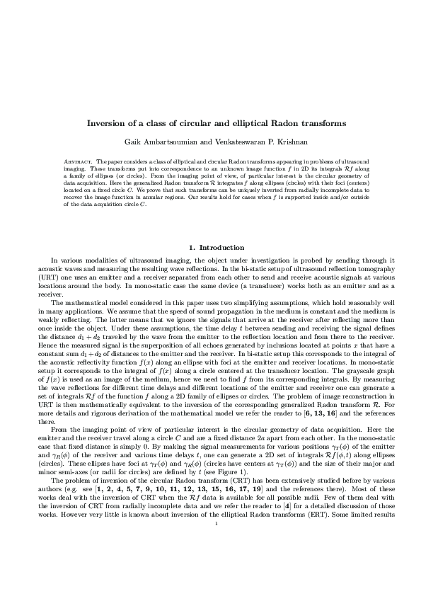 (PDF) Inversion of a Class of Circular and Elliptical Radon Transforms