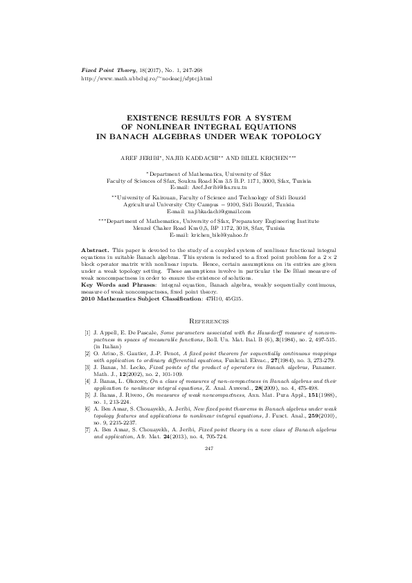 (PDF) Existence results for a system of nonlinear integral equations in ...