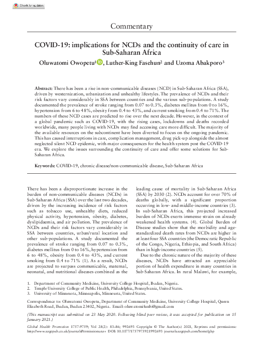 (PDF) COVID-19: implications for NCDs and the continuity of care in Sub ...