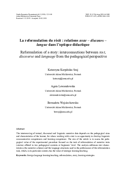 (PDF) La reformulation du récit : relations texte ‒ discours ‒ langue ...