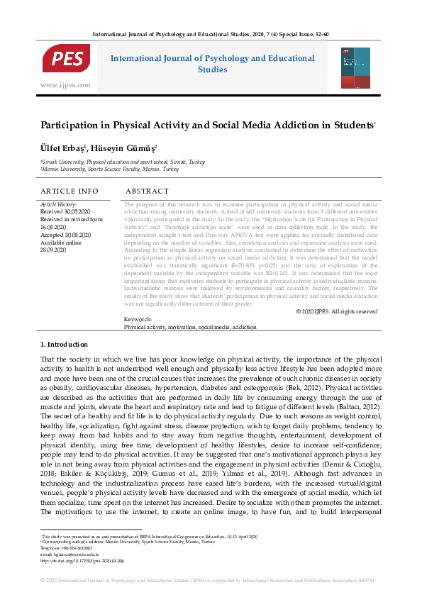 (PDF) Participation in Physical Activity and Social Media Addiction in ...