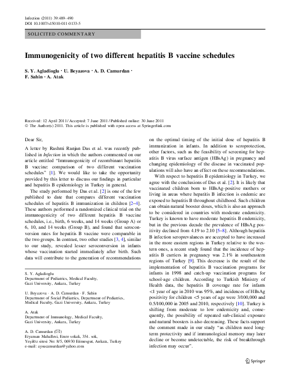 (PDF) Immunogenicity of two different hepatitis B vaccine schedules