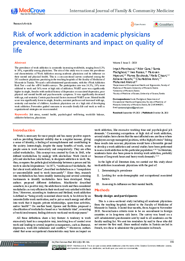 (PDF) Risk of work addiction in academic physicians prevalence ...