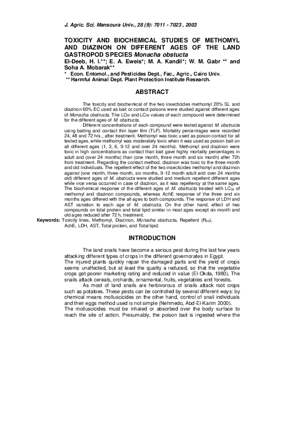(PDF) TOXICITY AND BIOCHEMICAL STUDIES OF METHOMYL AND DIAZINON ON ...
