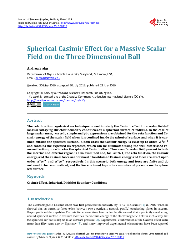 (PDF) Spherical Casimir Effect for a Massive Scalar Field on the Three ...