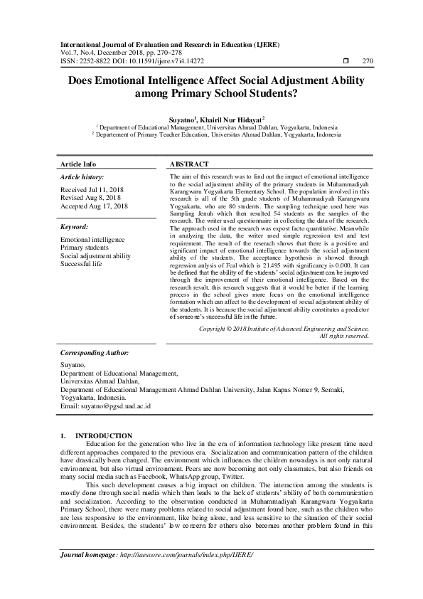 (PDF) Does Emotional Intelligence Affect Social Adjustment Ability ...