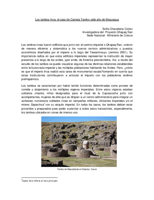 (PDF) Los Tambos Incas: el caso de Camata Tambo, Valle Alto de Moquegua