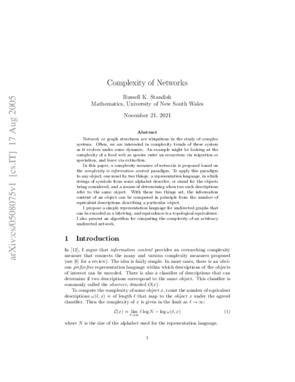 (PDF) Complexity of Networks