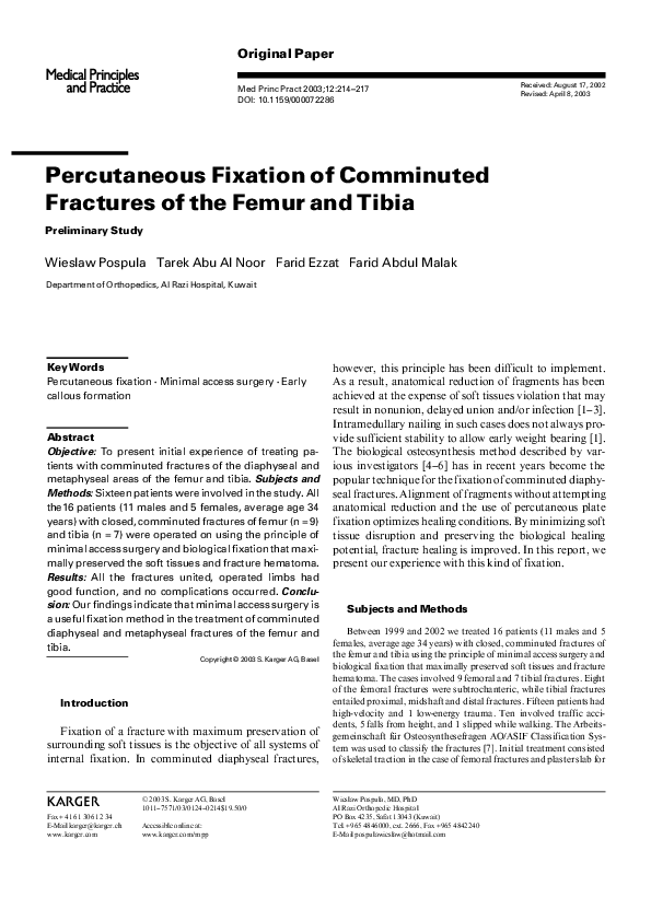 (PDF) Percutaneous Fixation of Comminuted Fractures of the Femur and Tibia