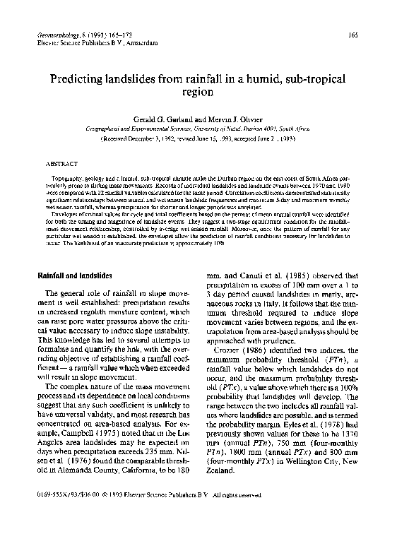Predicting landslides from rainfall in a humid, sub-tropical region