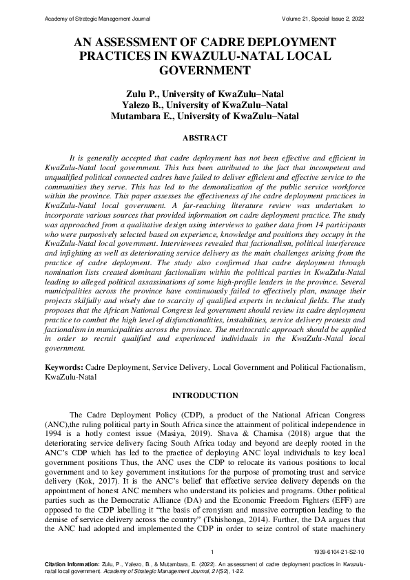 (PDF) AN ASSESSMENT OF CADRE DEPLOYMENT PRACTICES IN KWAZULU-NATAL ...