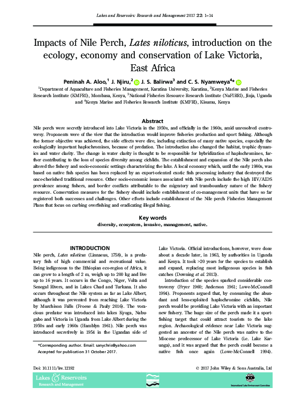 (PDF) Impacts of Nile Perch, Lates niloticus, introduction on the ...