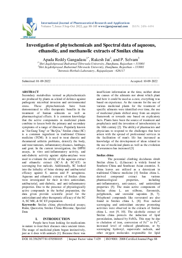 (PDF) Investigation of phytochemicals and Spectral data of aqueous, ethanolic, and methanolic