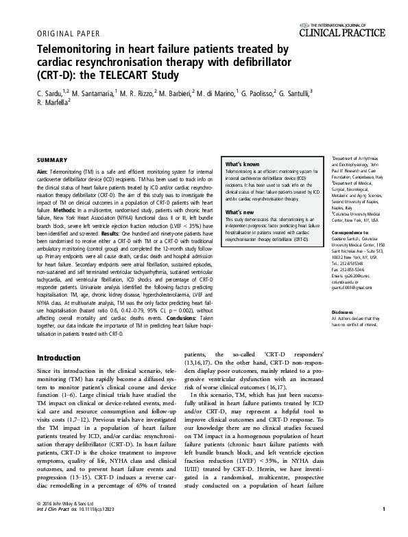 (PDF) Telemonitoring in heart failure patients treated by cardiac resynchronisation therapy with