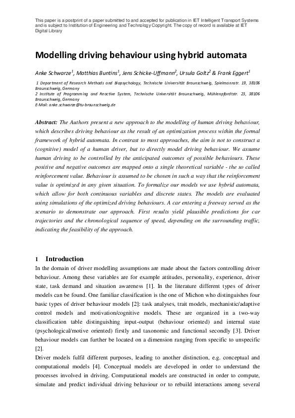 (PDF) Modelling driving behaviour using hybrid automata