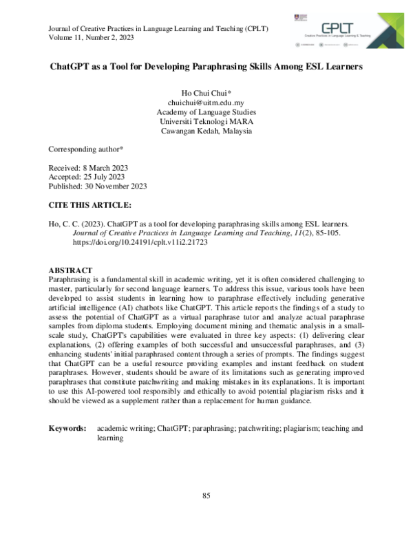 (PDF) ChatGPT as a Tool for Developing Paraphrasing Skills Among ESL ...