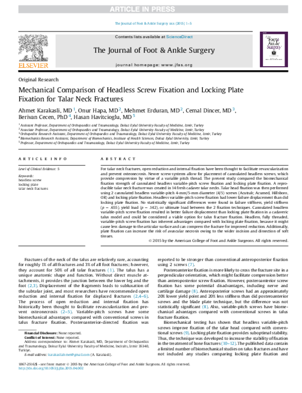 (PDF) Mechanical Comparison of Headless Screw Fixation and Locking ...