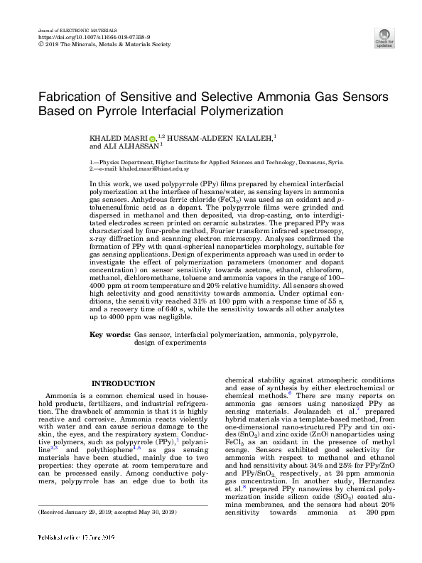 (PDF) Fabrication of Sensitive and Selective Ammonia Gas Sensors Based ...