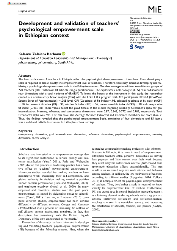 (PDF) Development and validation of teachers' psychological empowerment ...