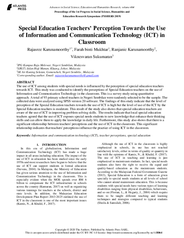 (PDF) Special Education Teachers’ Perception Towards the Use of ...