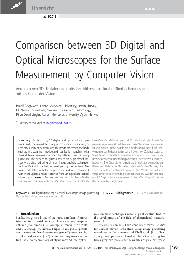 (PDF) Comparison between 3D Digital and Optical Microscopes for the ...