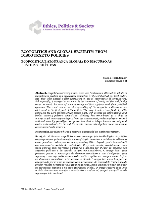 (PDF) Ecopolitics and Global Security: From Discourse to Policies