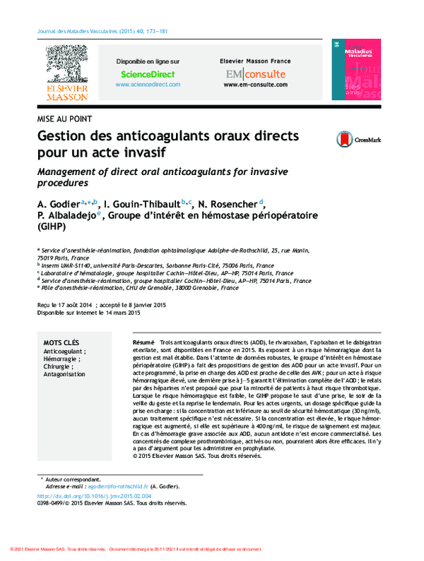 (PDF) [Management of direct oral anticoagulants for invasive procedures]