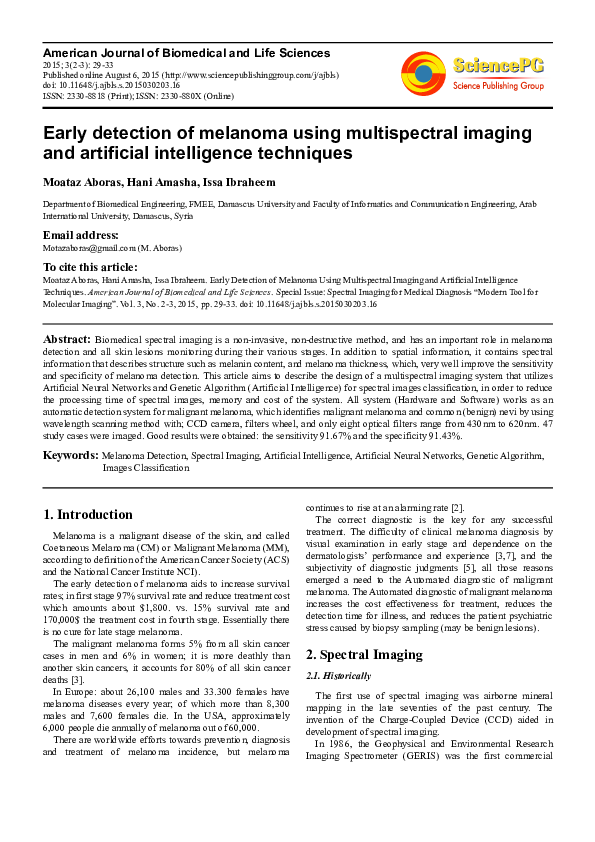 (PDF) Early detection of melanoma using multispectral imaging and ...