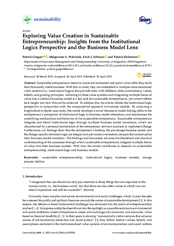 (PDF) Exploring Value Creation in Sustainable Entrepreneurship ...