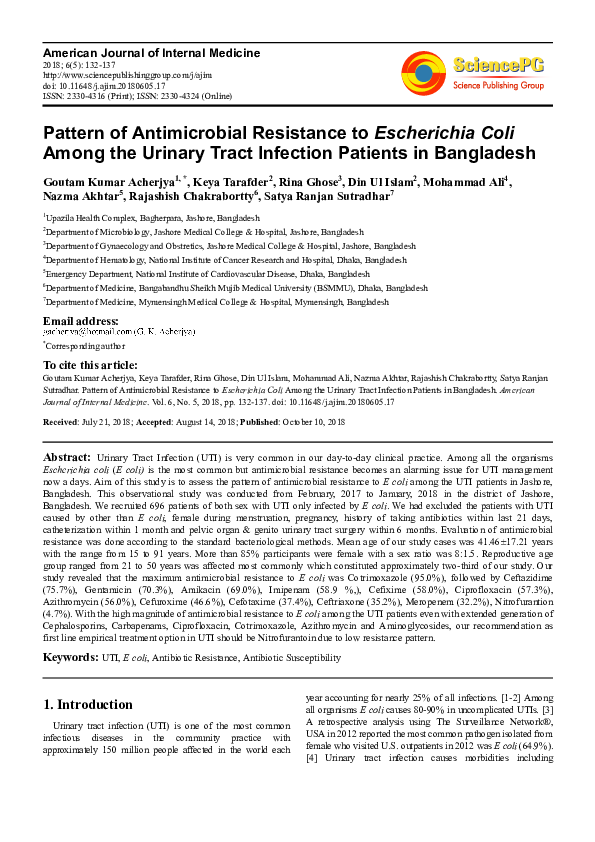 (PDF) Pattern of Antimicrobial Resistance to Escherichia Coli Among the ...