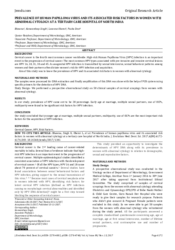 (PDF) Prevalence of Human Papilloma Virus and Its Associated Risk ...